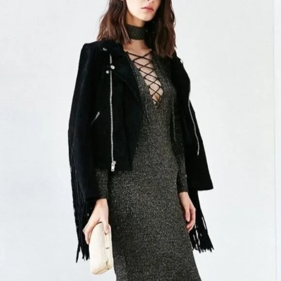 Bardot Romeo Lace Up Dress in Black Gold Metallic Midi Long Sleeve Size Small - Picture 3 of 9